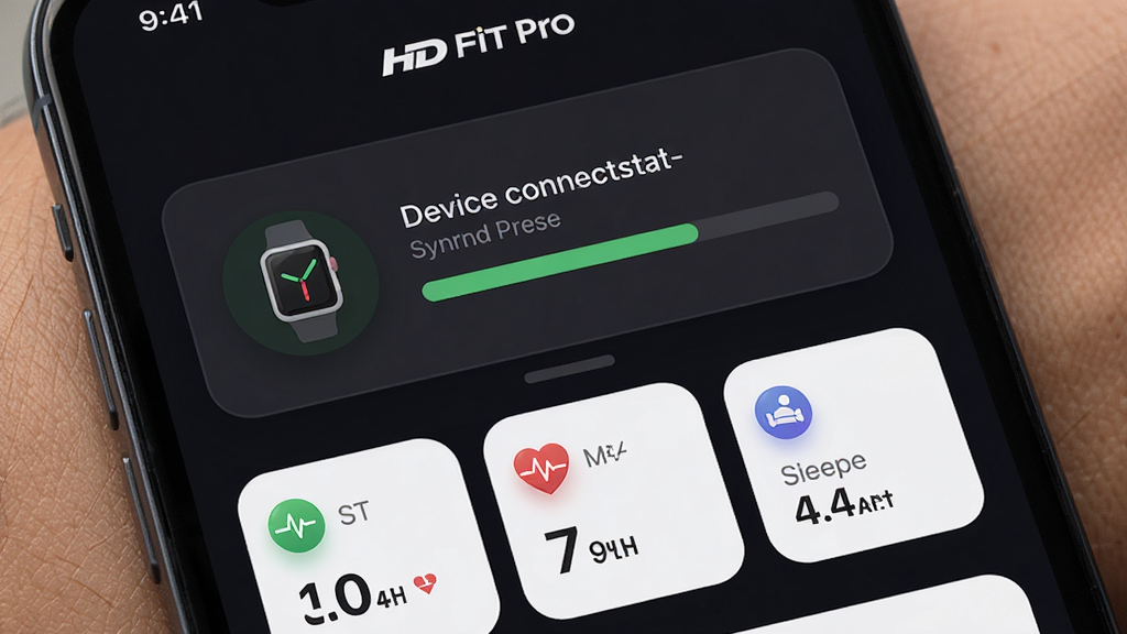һ��չʾ HD Fit Pro Ӧ����������ֻ���ͼ��������������ɫ�����µ��豸����״̬��Ƭ����ʾ�����ӵ��ֱ�ͼ���ͬ�����������·����в��������ʡ�˯��������������С��Ƭ�����岼�ּ����ˬ�����Ϊ�ִ���ƽ�� UI ��ƣ�ϸ�ڰ���Բ��ͼ�ꡢ�����Ӱ���������������壬���ʸ��壬�ɾ��޶���Ԫ��