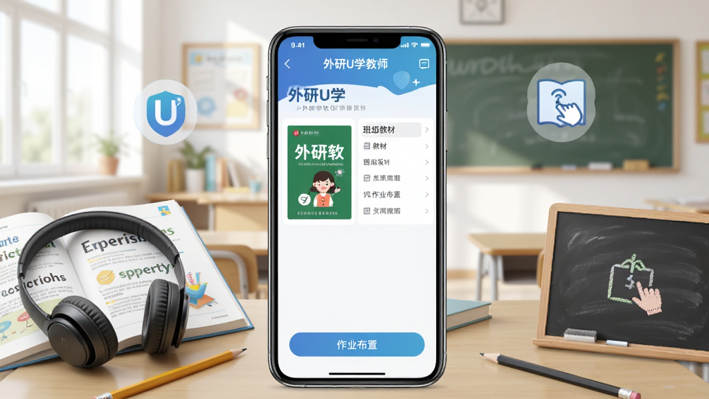 һ��չʾ����Uѧ��ʦ�������Ĺ��ܵĺϳ�ͼ�������������һ�������ֻ�����Ļ��ʾ����Uѧ��ʦӦ�ý��棬�����а����̲ķ��桢�༶�б�����ҵ���ð�ť���ֻ���Χ������Ӣ��α���������Ǧ�ʺͺڰ�Ƚ�ѧԪ�أ�����Ϊ�����Ľ��ҳ��������ֲ��þ��й�ͼ��������ִ���ϸ����ͻ���ٷ������ʶ�ͽ�ѧ����ͼ�꣬�����������ɾ����޶���Ԫ�ء�
