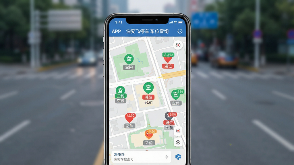 һ��չʾ������ͣ��APPʵʱ��λ��ѯ���ܵĽ����ͼ������Ϊ�ֻ���Ļ��ʾ��ͼ�϶��ͣ���������ʣ�೵λ���֣�����Ϊ�ֻ����У�����Ϊ���е�·�黯�����Ϊ���¼��UI��ƣ�ϸ�ڰ�����ɫ���г�λ��ʶ����ɫ��λ��ʶ���۸��ǩ������Ϊ���壬�ɾ������ң�ͼƬ������Ϊ��������ͣ�� ��λ��ѯ��