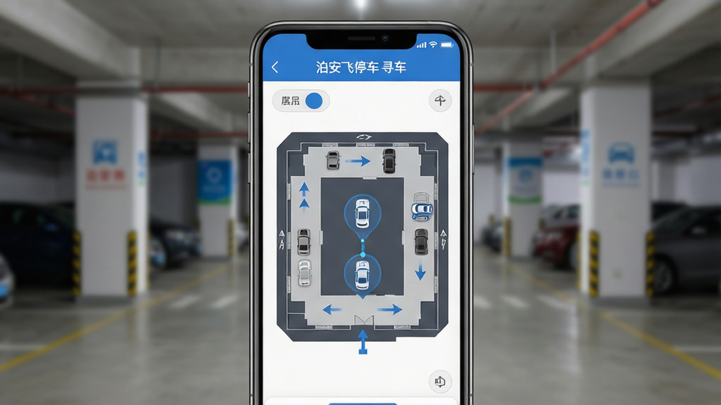 һ��չʾ������ͣ��APP����Ѱ�����ܵĽ���ͼ������Ϊ�ֻ���Ļ��ʾͣ����¥��ƽ��ͼ�복����λ��ǣ�����Ϊ�ֻ����У�����Ϊͣ�����ڲ��黯�����Ϊʵ�ù��߷��ϸ�ڰ���¥���л���ť��·��ָ����ͷ������ͼ�꣬����Ϊ���壬�ɾ�������ͼƬ������Ϊ��������ͣ�� Ѱ����