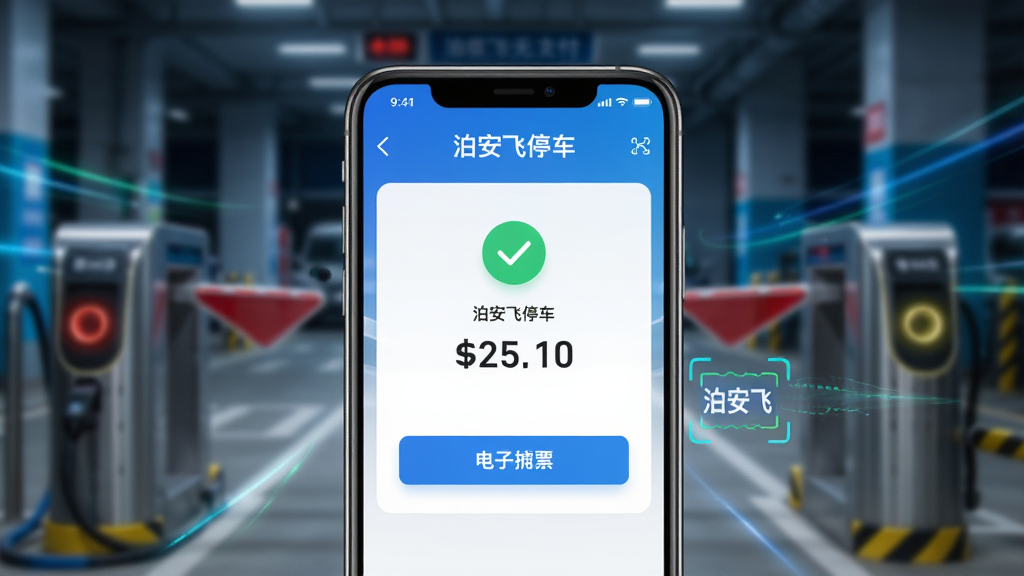 һ��չʾ������ͣ��APP�޸�֧�����ܵ�ʾ��ͼ������Ϊ�ֻ���Ļ��ʾ֧���ɹ�ҳ���복��ʶ�𶯻�������Ϊ�ֻ����У�����Ϊͣ��������բ���黯�����Ϊ�Ƽ����з��ϸ�ڰ�����ɫ�Թ�ͼ�ꡢ������֡����ӷ�Ʊ��ť������Ϊ���壬�ɾ����䣬ͼƬ������Ϊ��������ͣ�� �޸�֧����