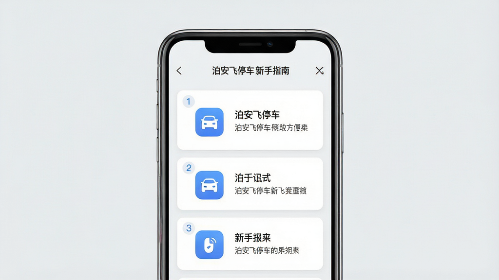 һ��չʾ������ͣ��APP���ֲ�������ҳ���ͼƬ������Ϊ�ֻ���Ļ��ʾ�ֲ��̳̿�Ƭ������Ϊ�ֻ����У�����Ϊǳ��ɫ�����Ϊ����������Ϣͼ���ϸ�ڰ���������š�ͼ�ꡢ����˵��������Ϊ���壬�ɾ����࣬�޶���Ԫ�أ�ͼƬ������Ϊ��������ͣ�� ����ָ�ϡ�