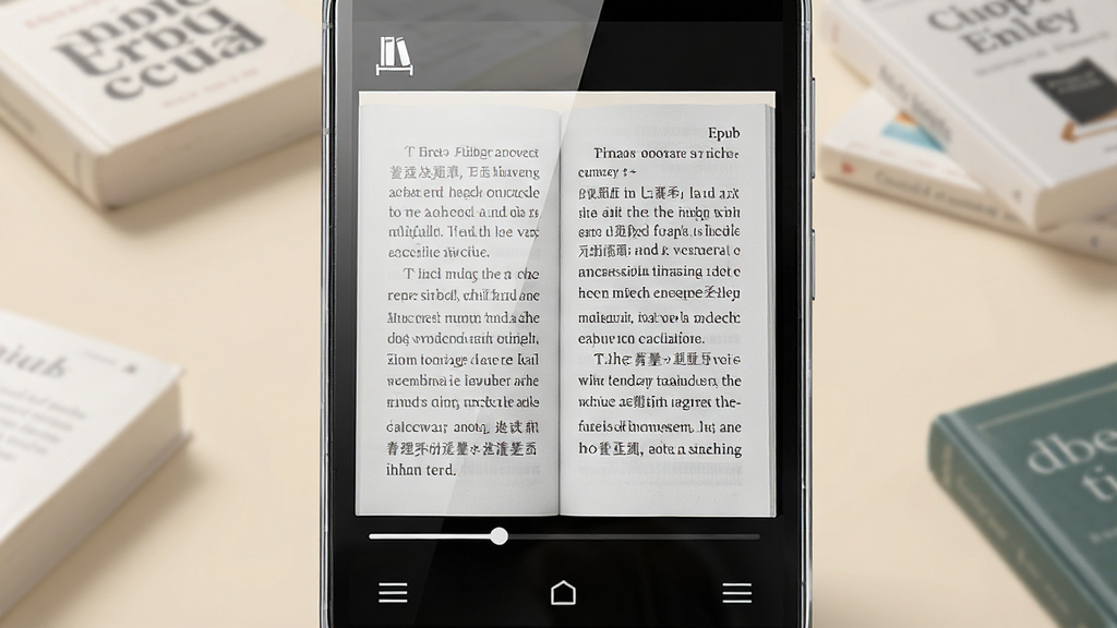 һ��չʾ Epub�������Ķ��� ��������Ĳ�ƷԤ��ͼ������������һ̨��׿�ֻ����ֻ���Ļ����ʾ��һ���򿪵ĵ����飬�����Ű����룬���������ͼ�꣬�ײ��н������Ͳ˵���ť������Ϊǳ��ɫ����������£�ϸ�ڰ����ֻ��߿�ĸ߹⡢��Ļ���⡢��Χɢ�伸��ģ����ֽ���飬�����������ɾ����޶���Ԫ��