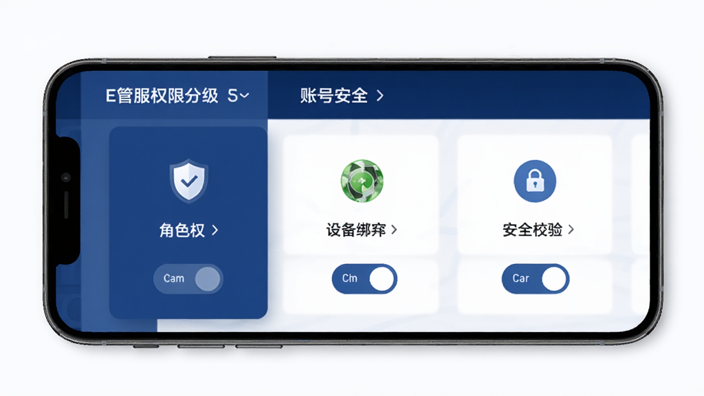 E�ܷ�Ȩ�޷ּ����˺Ű�ȫ���棬�ֻ���Ļ��չʾ��ɫȨ��������塢�豸��״̬����ȫУ��ͼ�꣬�����������Ͱ�ɫΪ��������Ͻ��ɿ���ϸ�ڰ�������ͼ�ꡢ��ɫ��ǩ�����ذ�ť�����������ɾ����޶���Ԫ��