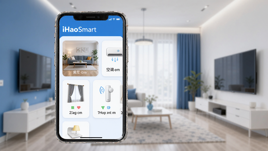 iHaoSmart���ܼҾӿ��ƽ��棬�ֻ���Ļչʾ�����ƹ⡢�յ��������豸��Ƭ������Ϊ�ִ���Լ�Ҿӻ�������ɫ���ɫ��ɫ�����ɾ����࣬�޶���Ԫ�أ����廭��