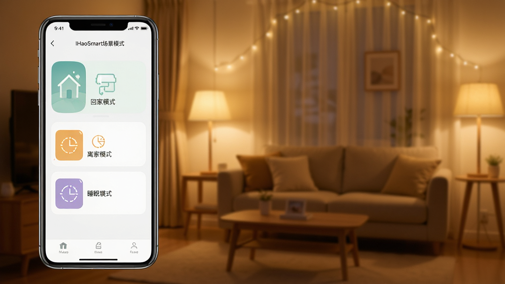 iHaoSmart����ģʽ���ý��棬�ֻ���Ļ��ʾ�ؼ�ģʽ�����ģʽ��˯��ģʽͼ�꣬����Ϊ��ܰ�Ҿӻ�����ůɫ���ƹ⣬�ɾ��޶���Ԫ�أ����廭��
