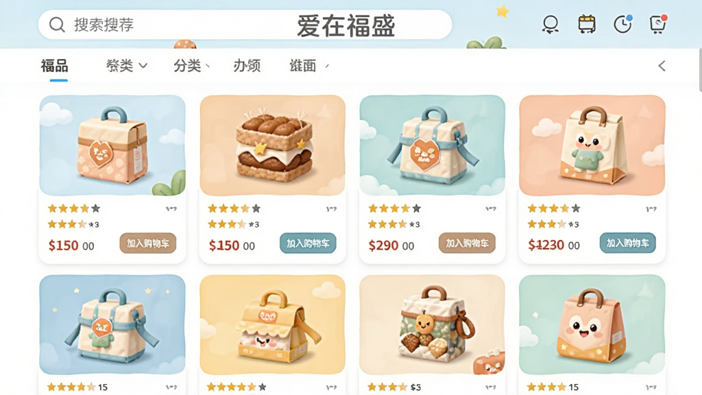 ��������Ϊ�����ڸ�ʢ�������е���Ʒ�Ƽ�ҳ�棬չʾ��ѡ��Ʒ��Ƭ��۸��ǩ�����ֲ����������У�����������������ർ�����Ű���������ͻ�������ڸ�ʢ�����������Ϊ���µ��̲廭��ɫ��������ͣ�ϸ�ڰ�����Ʒ����ͼ���Ǽ����֡����빺�ﳵ��ť�����ʸ��壬�ɾ��޶���Ԫ�ء�