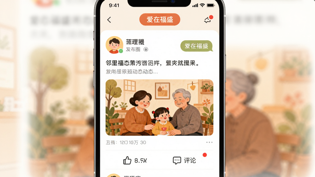 ��������Ϊ�����ڸ�ʢ������Ȧ���棬��ʾ�û�ͷ�񡢶�̬��������ͼ���·��е��޺�����ͼ�ꣻ���ֲ���������Ϣ���������з�����ť���Ű����ʣ�ͻ������Ԫ�أ����Ϊ�罻Ӧ�ò廭��ɫ����ů���У�ϸ�ڰ���Բ��ͷ���������ݡ�С���֪ͨ�����ʸ��壬�ɾ��޶���Ԫ�ء�