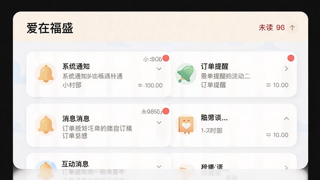 ��������Ϊ�����ڸ�ʢ����Ϣ���Ľ��棬չʾϵͳ֪ͨ�����������뻥����Ϣ�б������ֲ��÷��鿨Ƭ��������δ���������Ű��η�����ͼ��ͳһ�����Ϊ��ƽ��֪ͨ���Ĳ廭��ɫ����ͣ�ϸ�ڰ�������ͼ�ꡢ���Ǳꡢʱ��������ʸ��壬�ɾ��޶���Ԫ�ء�