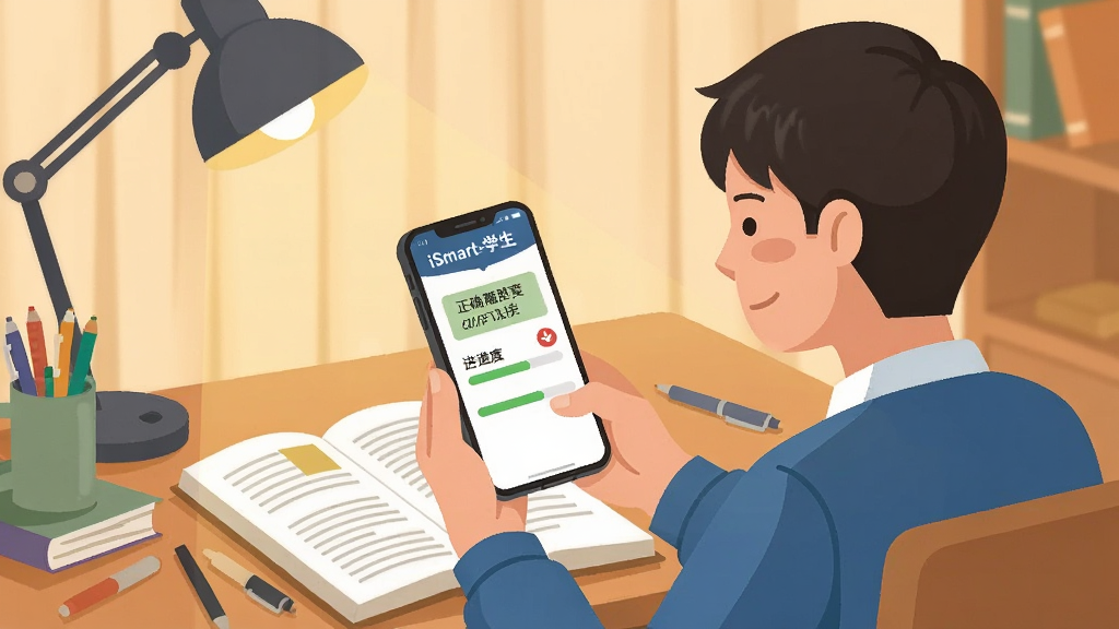һ��չʾѧ��ʹ�á�iSmart-ѧ����APP����ˢ��ѧϰ�ĳ����廭������������һλѧ����������ǰ���ֳ��ֻ�����Ļ����ʾ�������ͽ������������Ϸ��ſα����ľߣ�����Ϊ��ů�����ڵƹ⣬����Ϊ���й�ͼ�����Ϊ��ƽ���廭��ϸ�ڰ�����Ļ�ϵ���ȷ����ʾ�ʹ����ǣ����������ɾ����޶���Ԫ��