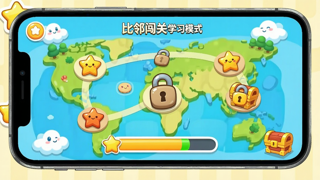 ���ں�ѧȤζ����ѧϰģʽ���棬����չʾ��ͨ��ͼ�͹ؿ��ڵ㣬�ֻ���Ļ�������ǽ����ͽ������������ÿɰ���ϸ�ڰ�������ͼ��ͱ���Ԫ�أ������������ɾ����޶���Ԫ��