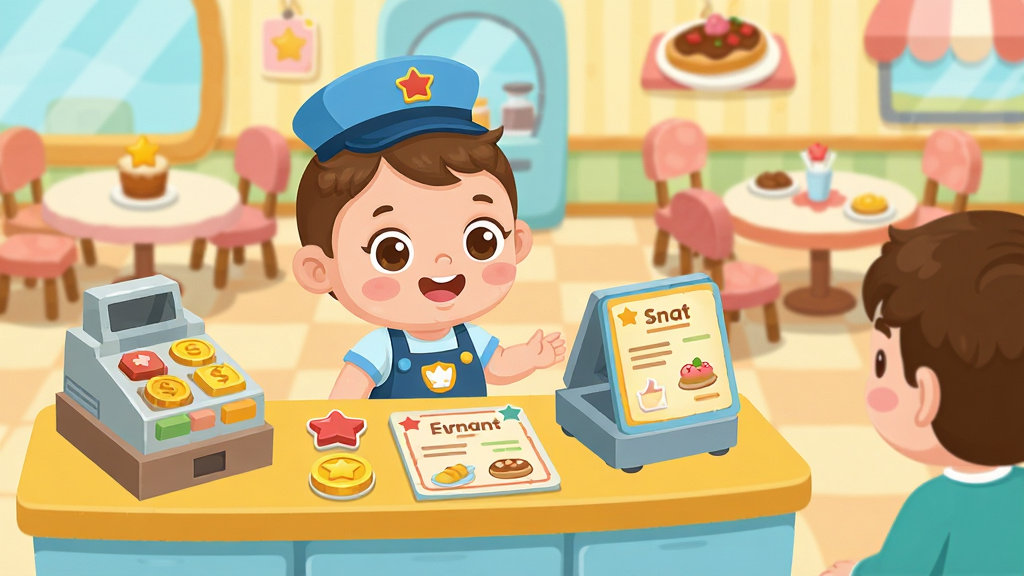 ��ͨ����ͯģ�⾭Ӫ��Ϸ����������������һ�����ŵ곤Χȹ�Ŀɰ���ͨ����վ����ܰ�Ĳ�����̨���棬���΢Цӭ�ӹ˿͡���̨�����������Ͳ˵��������������Ĳ����������в��������Ӻ�ʳ��װ�Ρ����沼�ֲ����о���ͼ������λ�ڻ�������ƫ���Ҳ������˿ͽ�ɫλ�á��Ű����룬���Ϊ2D��ƽ��ͨ��ɫ����ů�ơ�ǳ�����ۺ�Ϊ����ϸ�ڰ���ʳ��ͼ�ꡢ��ҷ��ź����ǽ��������ʸ��壬�ɾ��������޶���Ԫ�أ������в������κ����֡�