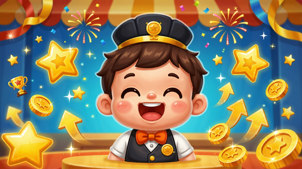 �������곤��Ϸ����������棬����������һ�����Ĵ�Ц�Ŀ�ͨ�����곤վ�ڵ������룬��ΧƯ���Ž�ɫ�����Ǻͽ�ң�ͷ���вʴ�����ף�̻������沼��Ϊ���ĶԳƹ�ͼ������λ�������룬���Ǻͽ�һ������ܡ����Ϊ��ף����Ŀ�ͨ�廭��ɫ���Խ�ɫ����ɫ������ɫΪ����ϸ�ڰ�����˸�Ĺ�Ч�������ļ�ͷ�ͽ���ͼ�ꡣ���ʸ��壬�ɾ����࣬�޶���Ԫ�أ������в��������֡�
