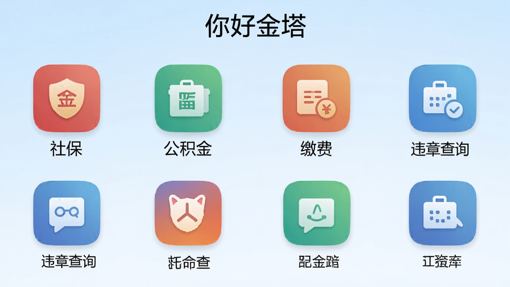 չʾ��ý���APP�ڵı��������ͼ�꼯��ҳ�棬��Ļ�������������籣�������𡢽ɷѡ��Һš�Υ�²�ѯ�Ȳ�ɫͼ�꣬ͼ���·������ֱ�ǩ����������͵�ǳ��ɫ���䣬������