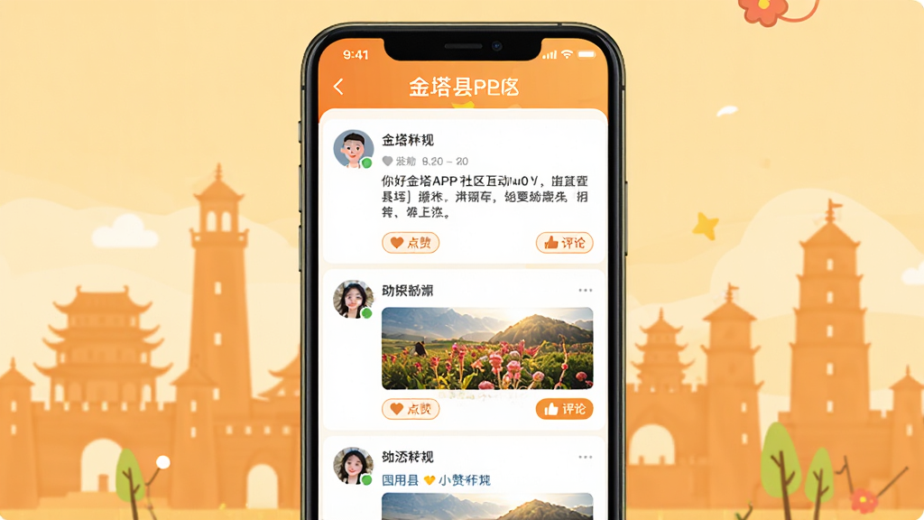 ��ý���APP��������ҳ��չʾ���ֻ���Ļ����ʾ�û�������ͼ�Ķ�̬�б�����ͷ���ǳơ��������ݺ͵������۰�ť�����������ܰ���ã������н����صر꽨����Ӱ��ɫ����ů�������������ɾ�������Ԫ��