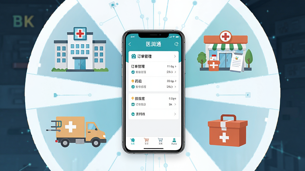 һ��չʾҽ��ͨApp���Ĺ��ܵ��ۺϳ���ͼ������������һ̨�����ֻ�����Ļ����ʾҽ��ͨApp�Ķ����������棬��Χ������ҽԺ��ҩ�ꡢ��������ҩ���Ԫ�أ�����ΪԲ�η���ʽ�Ű棬���Ϊ��ƽ������Ƽ��磬ϸ�ڰ���������ͼ�������Ľ��棬����Ϊ����4K������ɾ��޶���Ԫ�ء�