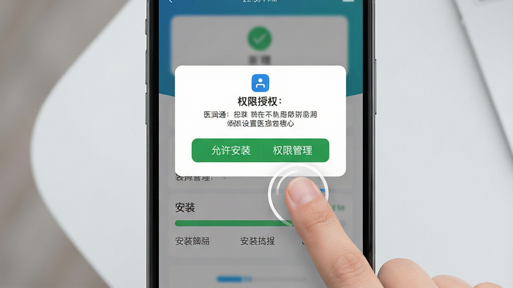 һ��չʾҽ��ͨApp���ְ�װ���ý����AI��ͼ������Ϊ�ֻ���Ļ��ʾȨ����Ȩ�����Ͱ�װ������������Ϊ����ǳ��ɫ���棬���ֲ�������ͻ��ʽ���Ű�����չʾ��������װ����Ȩ�޹������Ȱ�ť�����Ϊ��ƽ��UI��Ʒ磬ϸ�ڰ�����ָ�����Ļ�Ķ���������Ϊ���壬����ɾ��޶���Ԫ�ء�