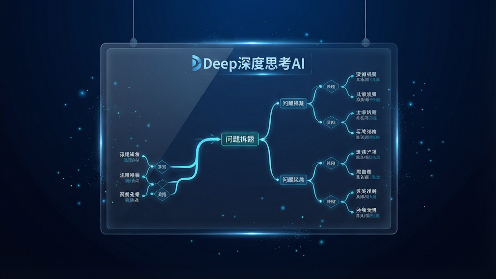 һ��չʾDeep���˼��AI����������ܵ�ʾ��ͼ����������Ϊһ��������͸����Ļ����Ļ����ʾ�š�Deep���˼��AI���ı�ʶ����Ļ������״ͼ��ʽչʾ�����ⲽ�裬��������������������֧������ÿ����֧���м�����ֱ�ע������Ϊ�����ɫ���䣬���־��У����Ƽ���ʮ�㣬ϸ�ڰ������������ߺ���΢����Ч�������ʸ��壬�ɾ��޶���Ԫ��