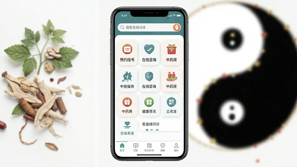 ��ҽ�ֻ�Ӧ�ý���չʾ��������һ�������ֻ����з��ã���Ļ�ڳ�����ҽ��������APP��ҳ������ԤԼ�Һš�������ѯ����ҩ����������Ѷ��ģ��ͼ�꣬�����������࣬�Ű�������½ṹ����Ϊ�������в�Ϊ���ܹ���ײ�Ϊ�����˵������Ϊ�ִ���Լҽ�Ʒ磬ϸ���ϴ�����ҽԪ�����ҩͼ���̫��װ�Σ����ʸ���ɾ��޶���Ԫ��