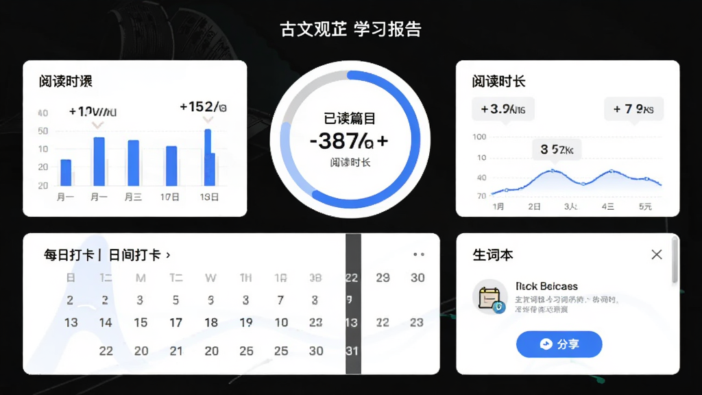 ���Ĺ���ѧϰ����ҳ�棬����������Բ�ν���ͼ����ʾ�Ѷ�ƪĿ�������Ķ�ʱ�����·���ÿ�մ����������ʱ���ڣ�����Ϊ��ɫ��Ƭʽ���֣����Ϊ�ִ����ݿ��ӻ��磬ϸ�ڰ�����״ͼ�����ֱ�ǩ�ͷ�����ť������������������Ԫ��