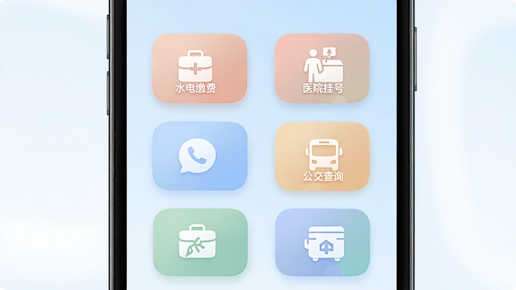�����ȷ��������ҳ�棬�ֻ���Ļչʾˮ��ɷѡ�ҽԺ�Һš�������ѯ��ͼ�����񣬱���Ϊ����ɫ���䣬ͼ��ΪԲ�Ǿ��Σ�ɫ����ͣ����岼�ֶԳƣ������������ɾ��޸���