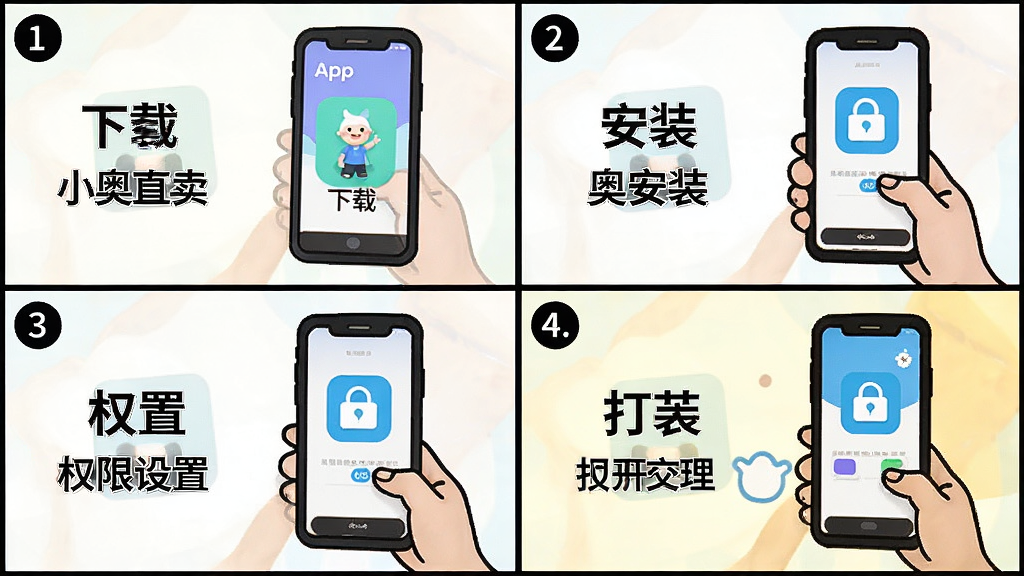 һ��չʾ��С��ֱ����App��װ�����ͼ�⣬����Ϊ�ĸ�����ʽ���֣��ֱ�չʾ���ء���װ��Ȩ�����á���ʹ�õ����̣����Ϊ���̳�ͼ�⣬ϸ����ÿ���ע��źͼ������˵���������������޶���װ��