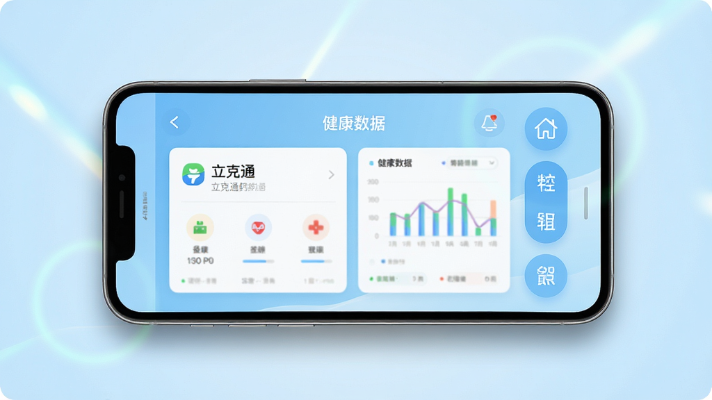 一张展示智能手机界面的图片,手机屏幕中央显示“立克通”应用主页面,页面布局包含用药提醒卡片、健康数据图表和功能菜单按钮,背景为干净的浅蓝色渐变,手机周围有轻微的阴影和光晕效果,风格简洁现代,画质清晰,干净,无多余元素