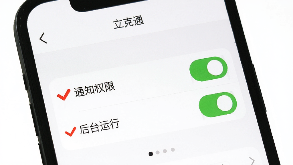 一张手机屏幕截图风格的图片,画面展示“立克通”应用的设置页面,页面中高亮显示“通知权限”和“后台运行”两个选项,旁边有红色的勾选标记和绿色的开启按钮,背景为白色,风格简洁直观,画质清晰,干净,无多余元素