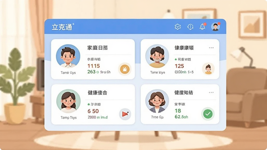 一幅家庭健康管理场景的插画,画面中“立克通”应用界面以悬浮窗口形式展示,窗口内可以看到多个家庭成员的头像和对应的健康数据卡片,背景是温馨的家居环境,色调柔和,风格现代简洁,画质清晰,干净,无多余元素