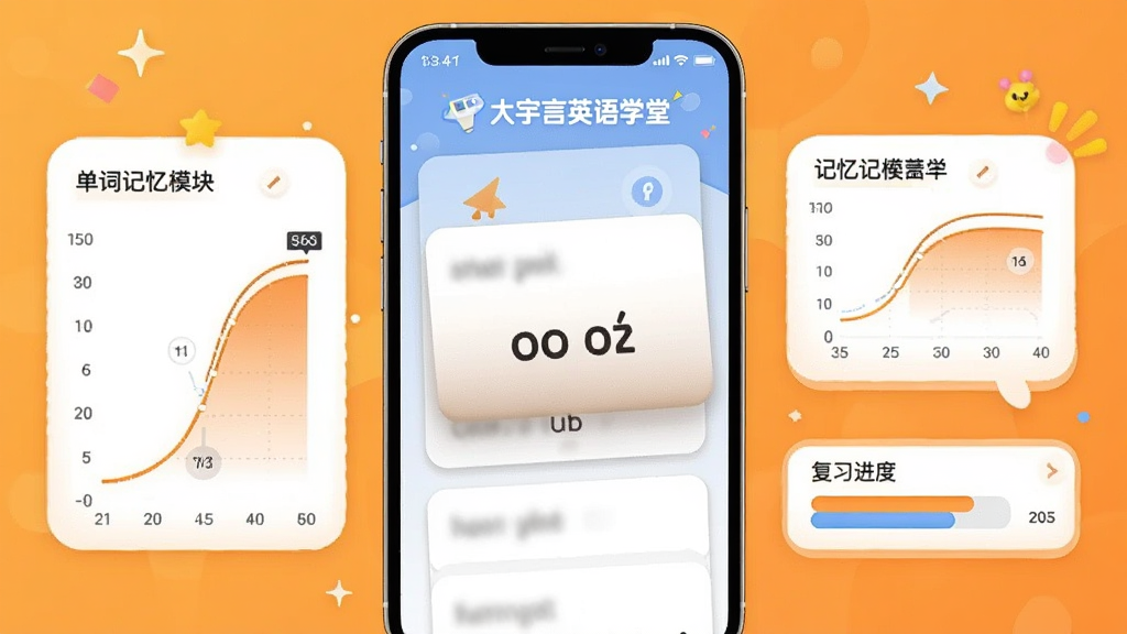 ������Ӣ��ѧ�õ��ʼ���ģ����棬��������Ϊ�ֻ���Ļչʾ���ʿ�Ƭ��תЧ������Χ���Ƽ�������ͼ���͸�ϰ������������Ϊ��ů��ɫϵ�����������죬�����������ɾ����޶���Ԫ��