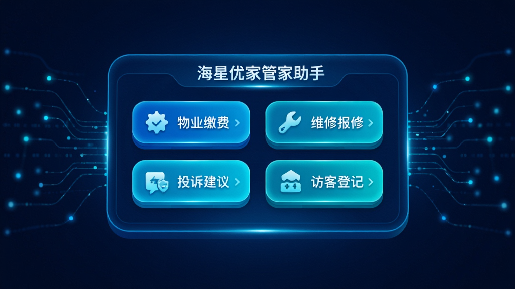 ����������һ�����������ƽ̨���棬���涥��д�š������żҹܼ����֡����·���������ҵ�ɷѡ�ά�ޱ��ޡ�Ͷ�߽��顢�ÿ͵Ǽ��ĸ�����ģ�鰴ť��ÿ����ť�ж�Ӧ��Сͼ�꣬ƽ̨��Χ���������������ӣ�����Ϊ�Գ�ʽ�����Ϊ�Ƽ���UI�廭��ɫ��������������ɫΪ����ϸ���ϰ�ť��΢����Ч�����������������й�㣬����Ϊ������Ⱦ������ɾ��޶���Ԫ��