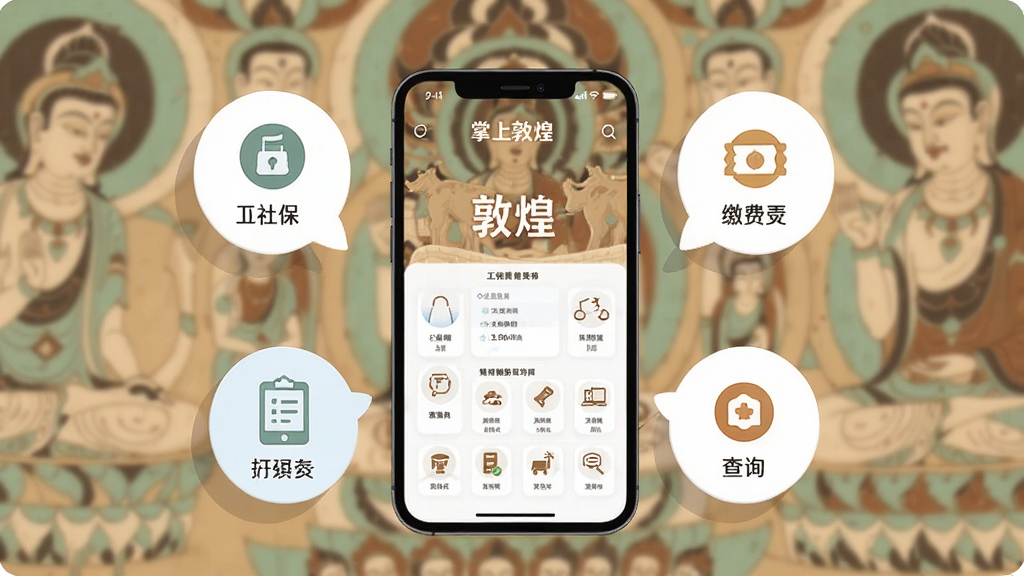 һ�Ÿ����ͼ��չʾ�����϶ػ͡�APP�ı�������ܽ��棬��������Ϊ�ֻ���Ļ����Ļ��Χ�����Ŵ����籣���ɷѡ���ѯ�ȹ��ܵ�ͼ�����ݣ�����Ϊ��͵Ķػͱڻ�ɫ�������Ϊ��ƽ����ƣ�ϸ�ڰ���������ͼ������ֱ�ǩ�����ʸɾ�����