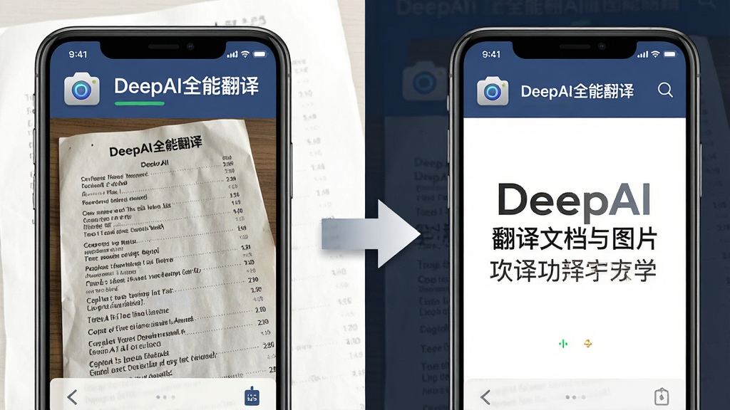 һ��չʾDeepAIȫ�ܷ����ĵ���ͼƬ���빦�ܵ�ʾ��ͼ���������Ϊһ��Ӣ�Ĳ˵���Ƭ���Ҳ�Ϊ�ֻ���Ļ��ʾ��Ӧ�����ķ��룬�м��м�ͷ���ӡ��������ҶԱȣ��Ű����������ΪдʵUI���ϸ�ڰ������ͼ������֡�DeepAIȫ�ܷ��롱�����ʸ��壬������Ԫ�ء�
