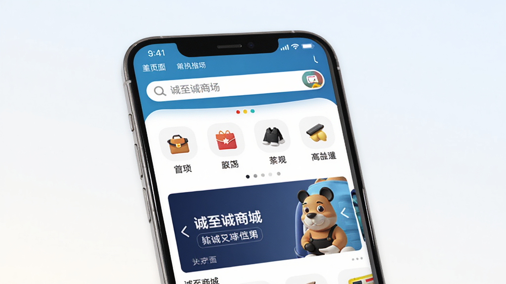 �������̳�Ӧ��������չʾͼ������������һ�������ֻ�����Ļ��ʾ�������̳ǵ���ҳ����������������Ʒ����ͼ����ֲ����λ������Ϊ�ɾ���ǳɫ���䣬����ִ���Լ��ϸ�����������ʸ��壬�޶���Ԫ�ء�