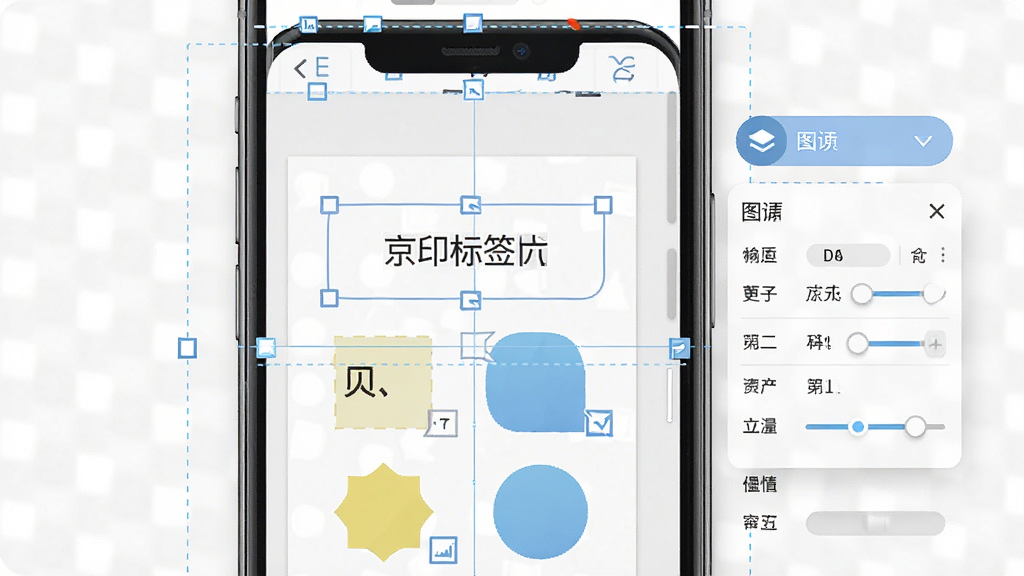 һ��չʾ��ӡ��ǩ�������ɱ༭���������ʾ��ͼ������Ϊ�ֻ���Ļ��ʾ����ק�����ֿ��ͼ��Ԫ�أ�����Ϊ�༭��ռ����Ҫ���棬���Ϊ���������ϸ�ڰ������븨���ߡ�ͼ�㰴ť�����Ե�����壬��������������ɾ����޶���Ԫ��