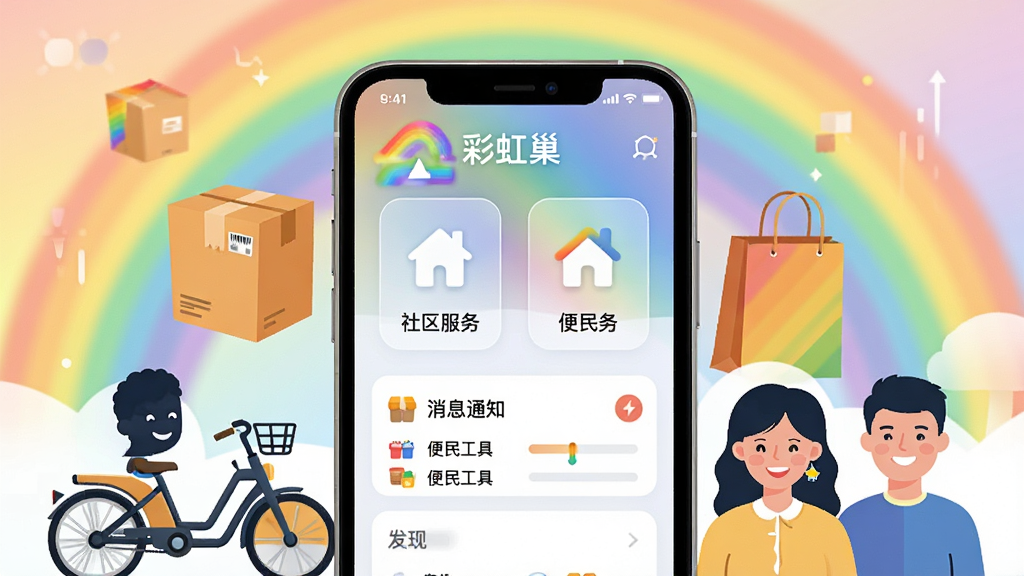 һ��չ�ֲʺ糲Ӧ�ú��Ĺ��ܵĲ廭������������һ�������ֻ�����Ļ��ʾ�ʺ糲APP����ҳ���棬���������������ͼ�ꡢ���񹤾���ں���Ϣ֪ͨ�����ֻ���Χ������������������Ԫ�أ����ݺС������������������΢Ц�����������Ӱ����������͵Ĳʺ�ɫ���䣬���岼�־��жԳƣ�����ִ���ƽ����ϸ�ڷḻ�������������ɾ��޶���Ԫ�أ���������������֡��ʺ糲��