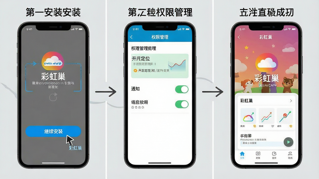 һ��չʾ�ʺ糲APP��װ��Ȩ���������������ͼʾ���������ֻ���Ļ��ͼ�����֣�������չʾ����һ��Ϊ��װ��������������װ����ť���ڶ���ΪȨ�޹���ҳ�濪����λ��֪ͨ���أ�������Ϊ����������ɹ����أ��������м��ļ�ͷָ�������ֱ�ע������Ϊǳ��ɫ�������������򣬷���ƽ����ѧͼ�⣬ϸ����ȷ�����ʸɾ�����������������֡��ʺ糲��
