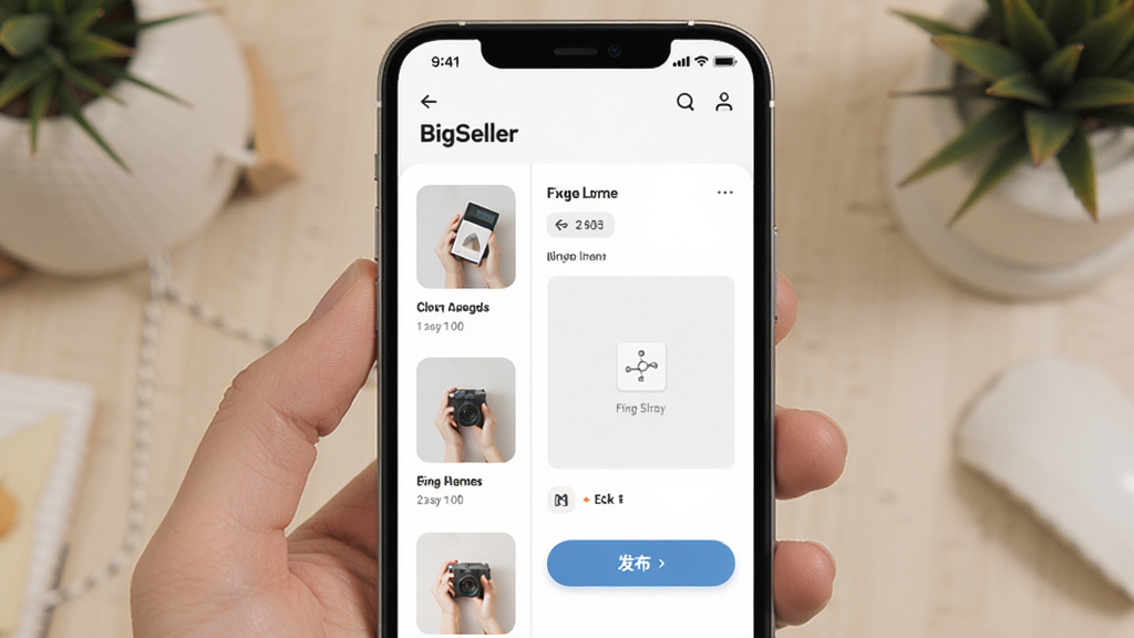 BigSeller��Ʒ����ҳ�棬����Ϊ�ֻ���Ļ����Ļ��չʾ��Ʒ�༭������ͼƬ�ϴ����򣬲���Ϊ���ҷ������Ű����룬���Ϊ���Բ�ǣ�ϸ����������ƷͼƬ����ͼ�ͷ�����ť�����ʸ��壬�ɾ����޶���Ԫ��