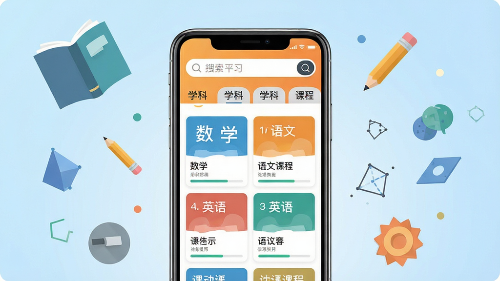 ��˼����ѧϰƽ̨������չʾ�������������һ�������ֻ����ֻ���Ļ��ʾ��˼APP�γ��б�ҳ�棬�Ϸ�����������ѧ�Ʒ����ǩ���·�������ѧ�����ġ�Ӣ��ȿγ̿�Ƭ����Ƭ���пγ����ƺͽ�����������Ϊǳ��ɫ���䣬��ΧƯ�����鱾��Ǧ�ʡ�����ͼ�ε�ѧϰԪ�أ��������������죬��ƽ����ƣ������������ɾ����࣬�޶���Ԫ��
