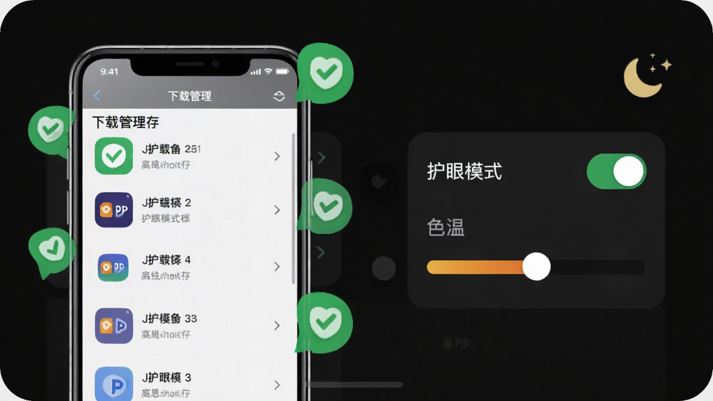 ��˼APP���߻����뻤��ģʽ����չʾ���������Ϊ�ֻ���Ļ��ʾ���ع����б����Ҳ�Ϊ����ģʽ���غ�ɫ�µ��ڻ��飬��Ļ��Χ����ɫ����ͼ�������ͼ�꣬����Ϊ��ɫģʽ���棬�����ʵ�ã������������ɾ�����