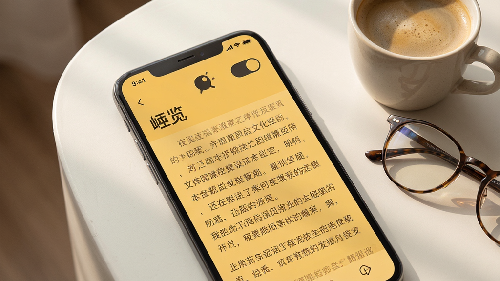 һ��չʾ�ֻ��Ķ������ͼƬ����Ļ����ʾ�������APP�������Ķ�ҳ�������Ű����룬����Ϊ����ů��ɫ��������ҹ��ģʽ�л���ť���ֻ��Ա���һ�����Ⱥ�һ���۾�����������ܰ��Լ��ϸ�ڰ������������ֺ���͵���Ӱ�����ʸ��壬�ɾ����޶���Ԫ�ء�