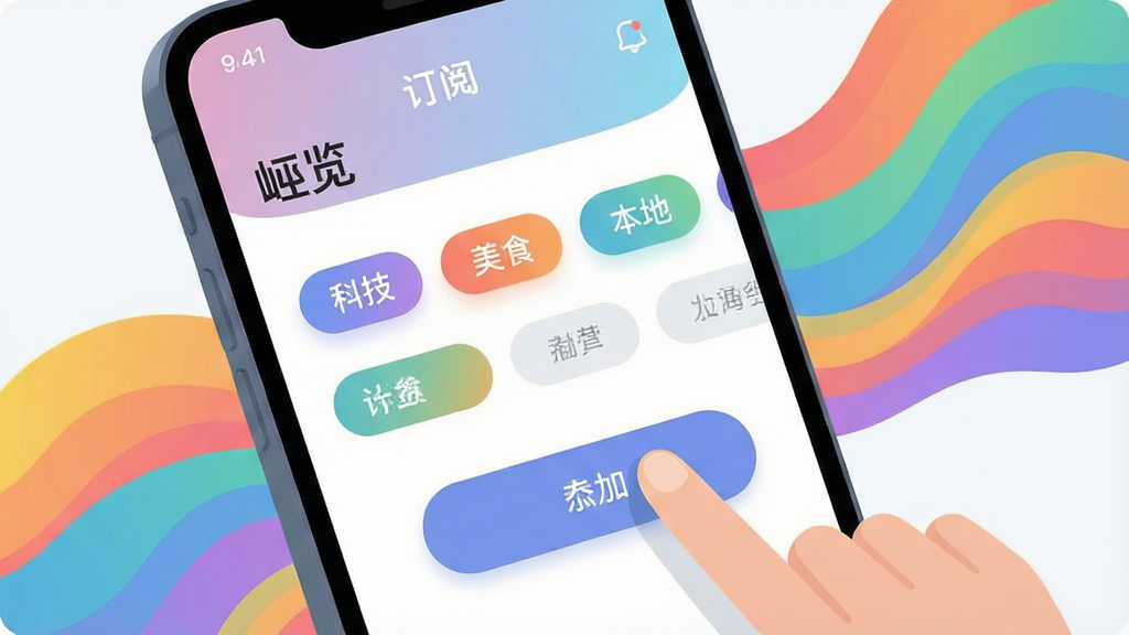 һ�Ÿ��Ի����ĸ���ͼ������չʾ�ֻ���Ļ�ϡ������APP�Ķ��Ĺ������棬�ж��Ƶ����ǩ�硰�Ƽ���������ʳ���������ء��ȣ��û���ָ���ڵ�����Ӱ�ť�������ǳ���Ĳ�ɫ���ƣ����Ϊ���±�ƽ�廭��ϸ�ڰ���Բ�Ǳ�ǩ����ͽ��䣬���ʸ��壬�ɾ����޶���Ԫ�ء�