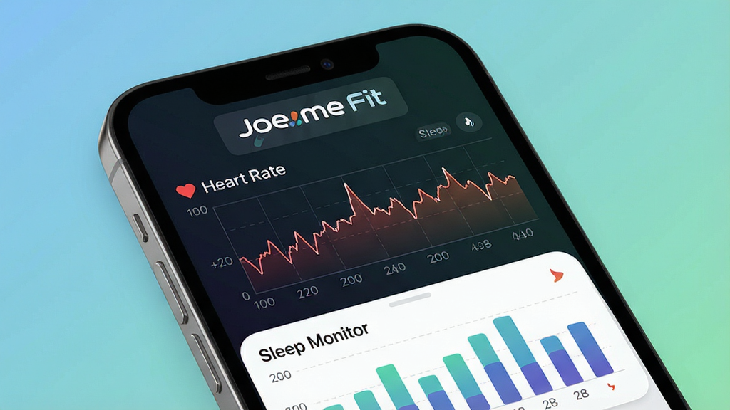 һ��չʾ Joeme Fit ������⹦�ܵ���дͼ������Ϊ�ֻ���Ļ��ʾ��������ͼ��˯����״ͼ����Ļ�Ϸ��� 