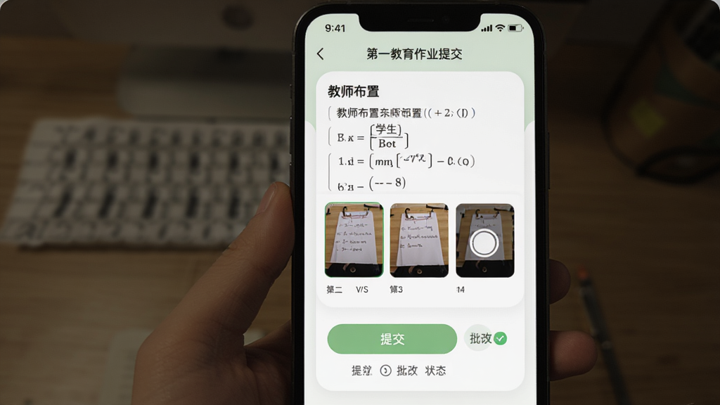 ��һ������ҵ�ύ���棬�ֻ���Ļչʾ��ҵ����ҳ��������ʦ���õ���ѧ��Ŀ���֡�ѧ�������ϴ�����ҵͼƬ����ͼ���ύ��ť������״̬��ʶ��������ɫ�԰�ɫ��ǳ��ɫΪ������Ƭʽ���֣�Բ����ƣ����������ɾ�