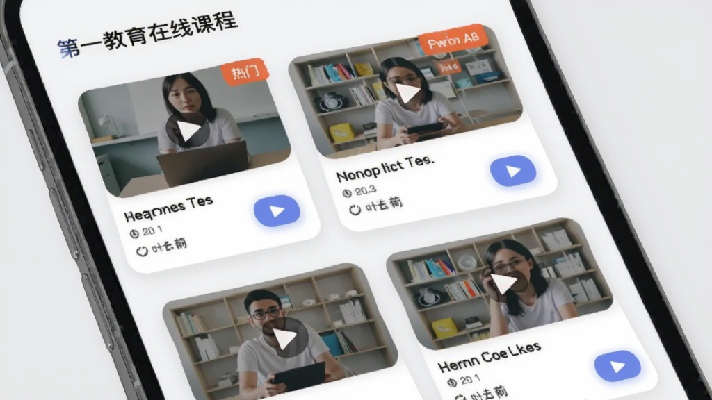 ��һ�������߿γ̽��棬�ֻ���Ļչʾ��Ƶ�γ��б���ÿ���γ̿�Ƭ��������ͼ���γ����ơ�ʱ���Ͳ��Ű�ť�����ֿ�Ƭ�������ű�ǩ������Ϊǳ��ɫ����ƬԲ����ƣ���������ˬ���