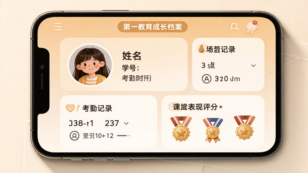 ��һ�����ɳ��������棬�ֻ���Ļչʾѧ�����˵���ҳ�棬����ͷ��������ѧ�š����ڼ�¼�����ñ������֡���ѫ�µ�ģ�飬������ÿ�Ƭʽ���֣���ɫ��ů��ͣ�ϸ������