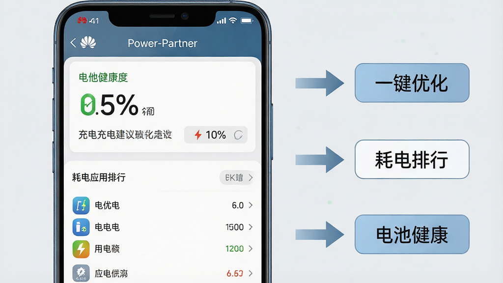 һ����Ϣͼ����ͼƬ��չʾһ����Ϊ�ֻ���Ļ�ϵġ�Power-Partner��ʡ�����ý��档�����Ϊ���������֣��ϰ벿����ʾ��ؽ����Ȱٷֱ����罨�飬�°벿���г��ĵ�Ӧ�����С�ͼƬ�Ҳ��ü�ͷ��ע����һ���Ż��������ĵ����С�������ؽ������������İ�ť������Ϊǳ��ɫ�����ɾ����񣬻���������