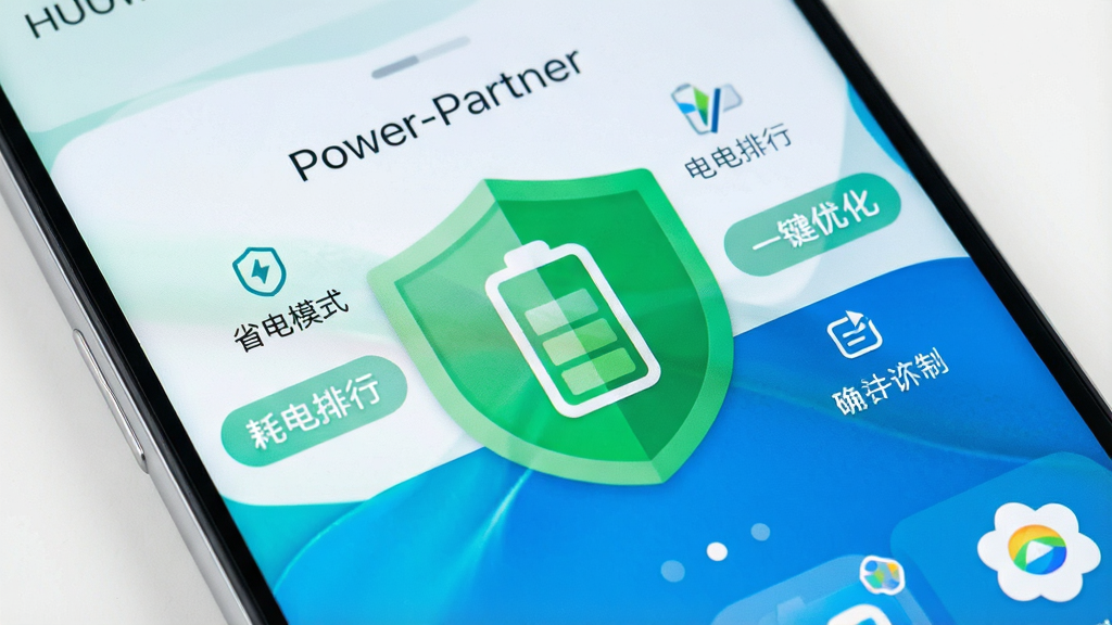 һ��չʾ��Ϊ�ֻ���Ļ��д��ͼƬ����Ļ����ʾ��Power-Partner��Ӧ�õ������棬����������һ���޴����ɫ����ͼ�꣬������Ƕ�е�ط��ţ���Χ������ʡ��ģʽ���ĵ����С�һ���Ż������Ĺ��ܰ�ť�������ǻ�Ϊ�ֻ����棬��������Ƽ��У�ɫ���԰ס��̡���Ϊ�����ɾ������������������޶���Ԫ�ء�
