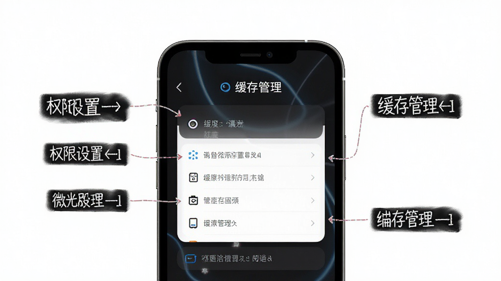 微光剧场使用指南示意图,手机屏幕展示权限设置与缓存管理界面,界面元素标注清晰,风格简洁,深色主题,画质干净,无多余元素