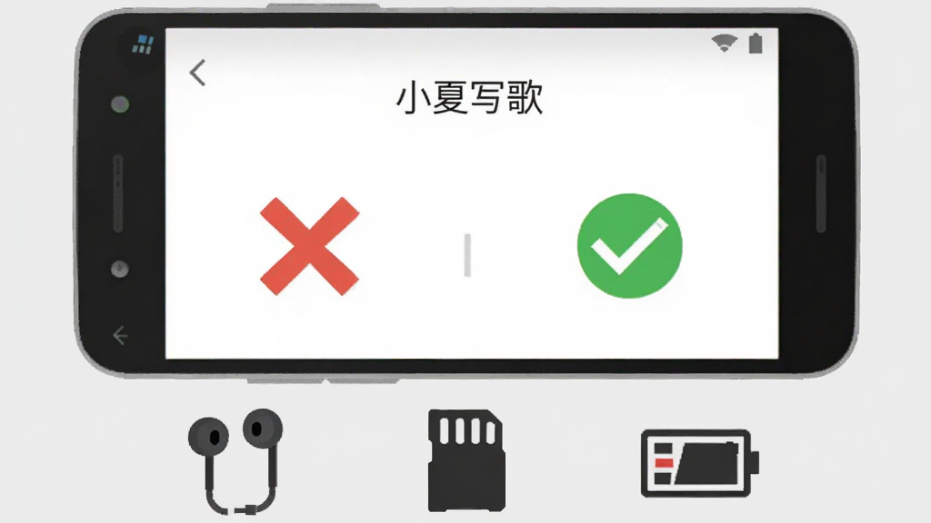 画面展示一部安卓手机屏幕,屏幕上显示“小夏写歌”的权限设置界面,旁边有一个红色的叉号图标和一个绿色的对勾图标,分别代表禁止和允许。手机下方有耳机、存储卡和电池的图标。背景是浅灰色,风格简洁明快,扁平化设计,画质干净,无多余装饰。